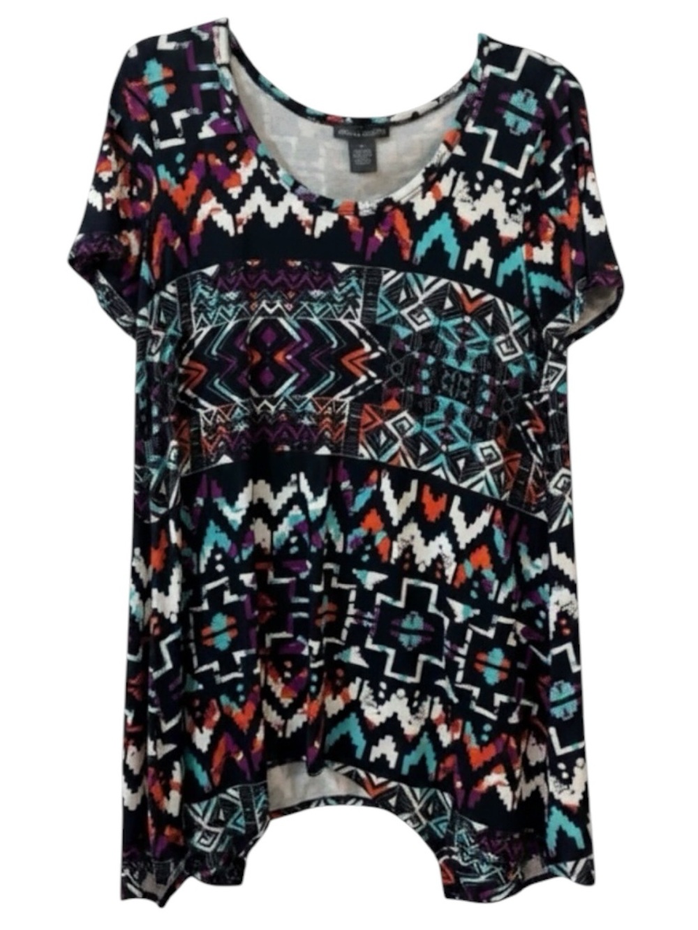 Chelsea & Theodore Black Geometric Short Sleeve Tunic with Multi-Color Print